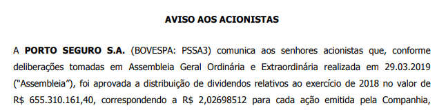 pssa3 aviso aos acionistas dividendos